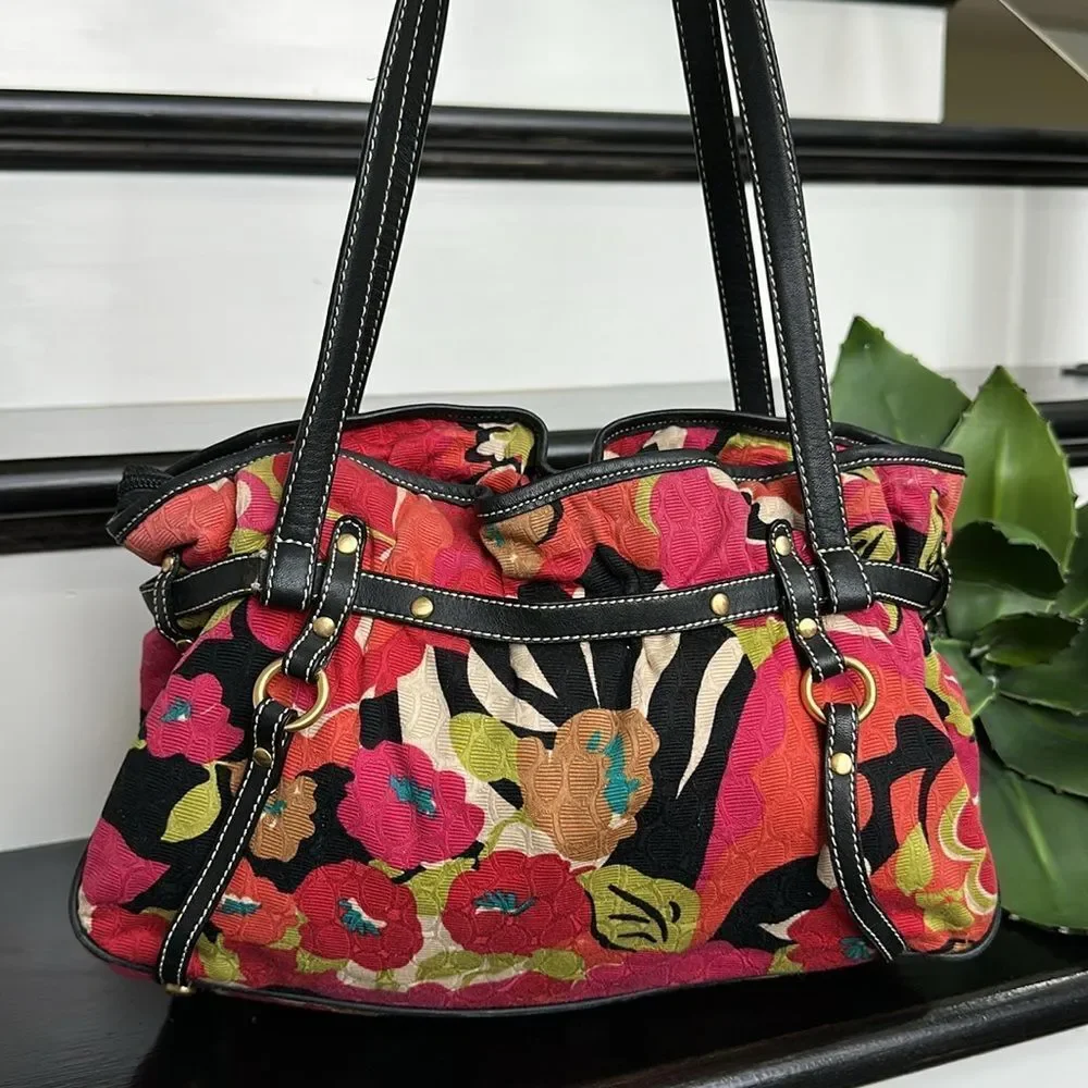 Talbots Canvas Floral Shoulder Bag Purse – Vibrant Colors, Black Trim, Like New - Picture 1 of 8